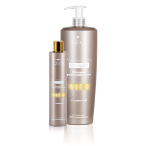 Two bottles of shampoo stand side by side. Both bottles have a sleek, metallic design with white and gold text. The larger bottle has a pump dispenser, and the smaller bottle has a screw cap. The text reads "Post treatment shampoo" and mentions "Luminescina.