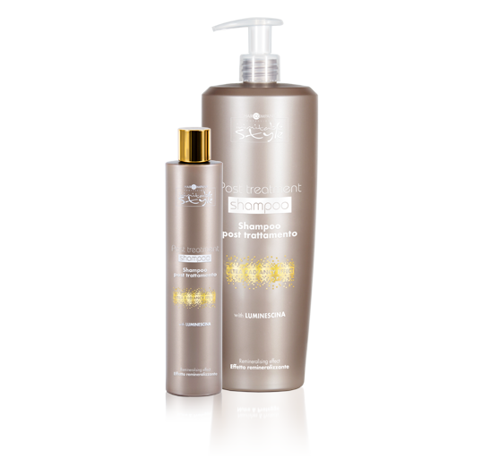 Two bottles of shampoo stand side by side. Both bottles have a sleek, metallic design with white and gold text. The larger bottle has a pump dispenser, and the smaller bottle has a screw cap. The text reads "Post treatment shampoo" and mentions "Luminescina.