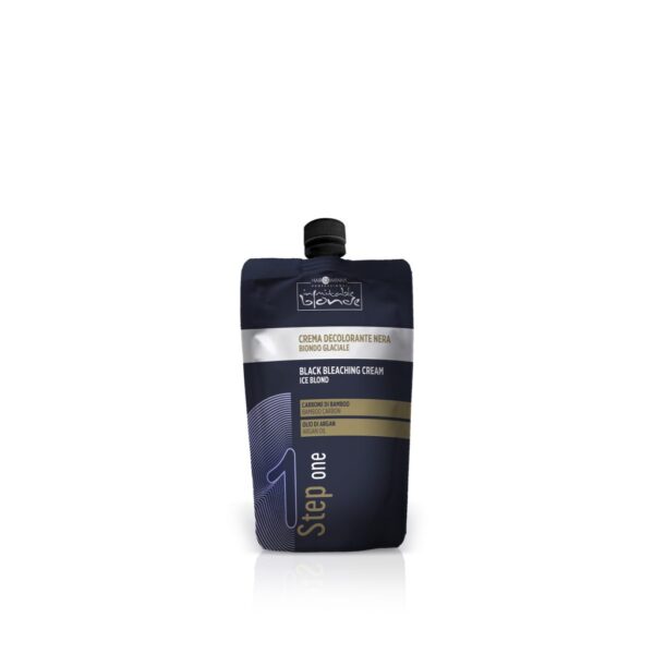 Hair Company UK A black and dark blue stand-up pouch with a black nozzle cap contains "Black Bleaching Cream for Ice Blond" by Suprema Color, prominently labeled "Step One." The design showcases gold and white text with a subtle purple "1" in the lower left corner, ideal for achieving that coveted Ice Blond transformation.