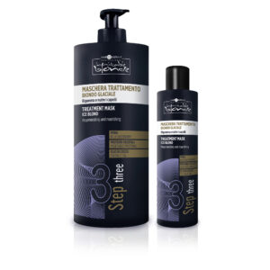 Hair Company UK Two bottles of Black Bleaching Cream for Ice Blond, including a large pump bottle and a smaller flip cap bottle. Both showcase dark designs with white and gold accents, highlighting key ingredients such as plant proteins and biocomplex, perfect for achieving the ideal Ice Blond look.