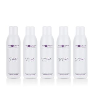 Hair oxidant emulsion bottles with different volumes.