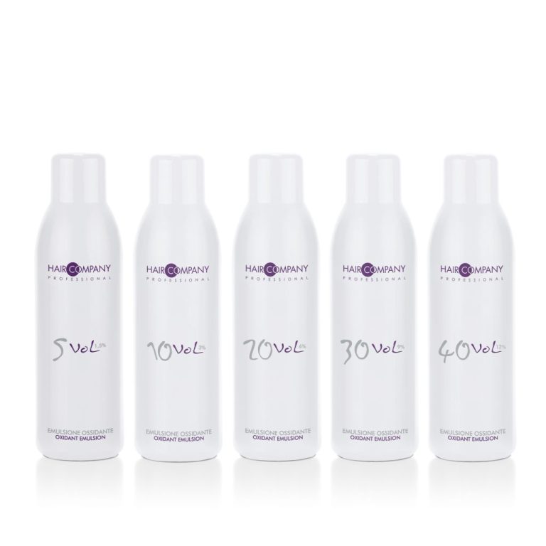 Hair oxidant emulsion bottles with different volumes.