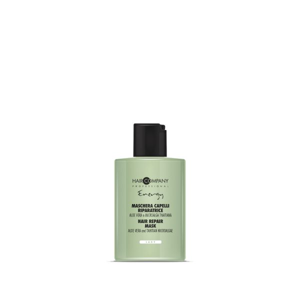 Hair Company UK The 0106 Hair Repair Mask from Hair Company Professional comes in a vibrant green bottle and is enriched with aloe vera and silk protein. Featuring a sleek black flip-top cap, this mask includes bilingual text in Italian and English, expertly crafted for ultimate hair repair.