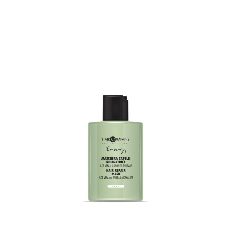 Hair Company UK The 0106 Hair Repair Mask from Hair Company Professional comes in a vibrant green bottle and is enriched with aloe vera and silk protein. Featuring a sleek black flip-top cap, this mask includes bilingual text in Italian and English, expertly crafted for ultimate hair repair.