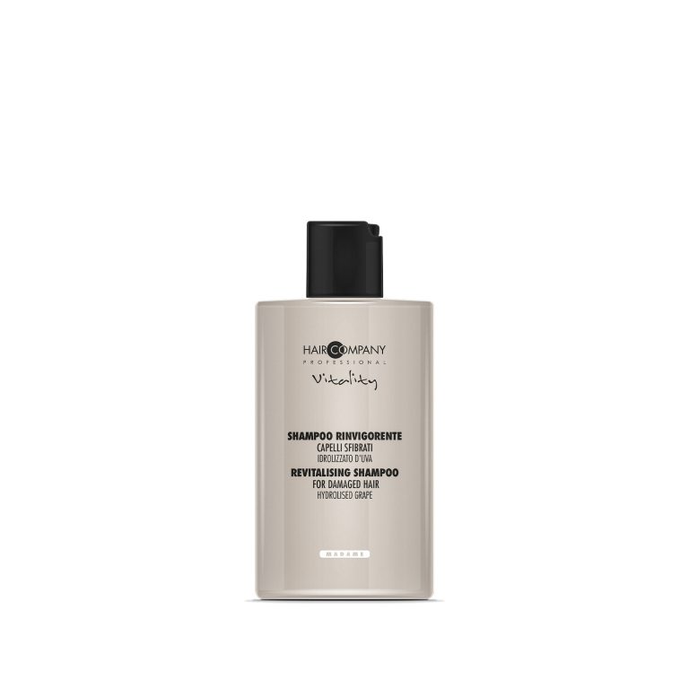 Hair Company UK A bottle of Hair Company Professional 0107 Revitalizing Hair Shampoo for damaged hair, featuring a neutral-toned label and a sleek black cap.