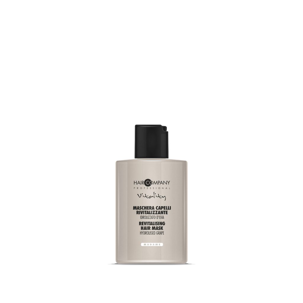 Hair Company UK A beige bottle of the 0108 Hair Mask by Hair Company Professional, featuring a black cap. The label presents text in both Italian and English, emphasizing its revitalizing hydrolyzed grape formula for vibrant hair.