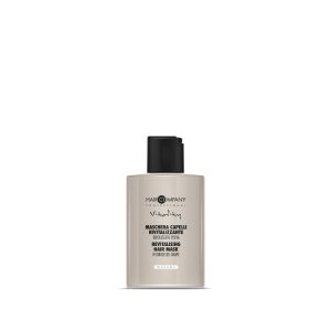 Hair Company UK A beige bottle of the 0108 Hair Mask by Hair Company Professional, featuring a black cap. The label presents text in both Italian and English, emphasizing its revitalizing hydrolyzed grape formula for vibrant hair.