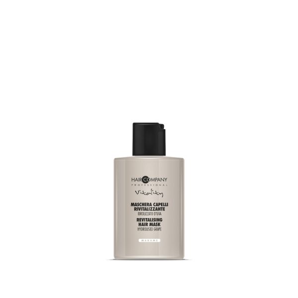 Hair Company UK A beige bottle of the 0108 Hair Mask by Hair Company Professional, featuring a black cap. The label presents text in both Italian and English, emphasizing its revitalizing hydrolyzed grape formula for vibrant hair.