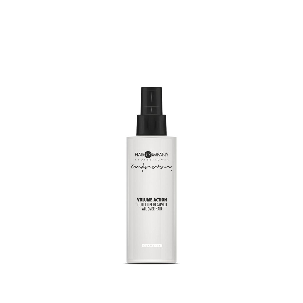 Hair Company UK A white bottle of Hair Company's Volume Action spray, labeled "0111," stands against a plain background. It features a black spray nozzle and text detailing the product's name and usage.