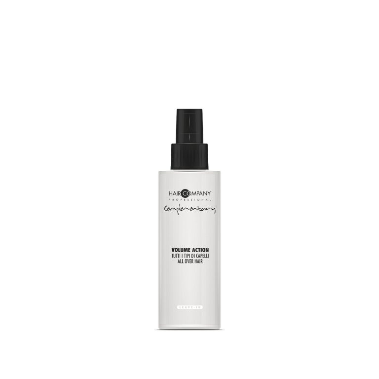 Hair Company UK A white bottle of Hair Company's Volume Action spray, labeled "0111," stands against a plain background. It features a black spray nozzle and text detailing the product's name and usage.