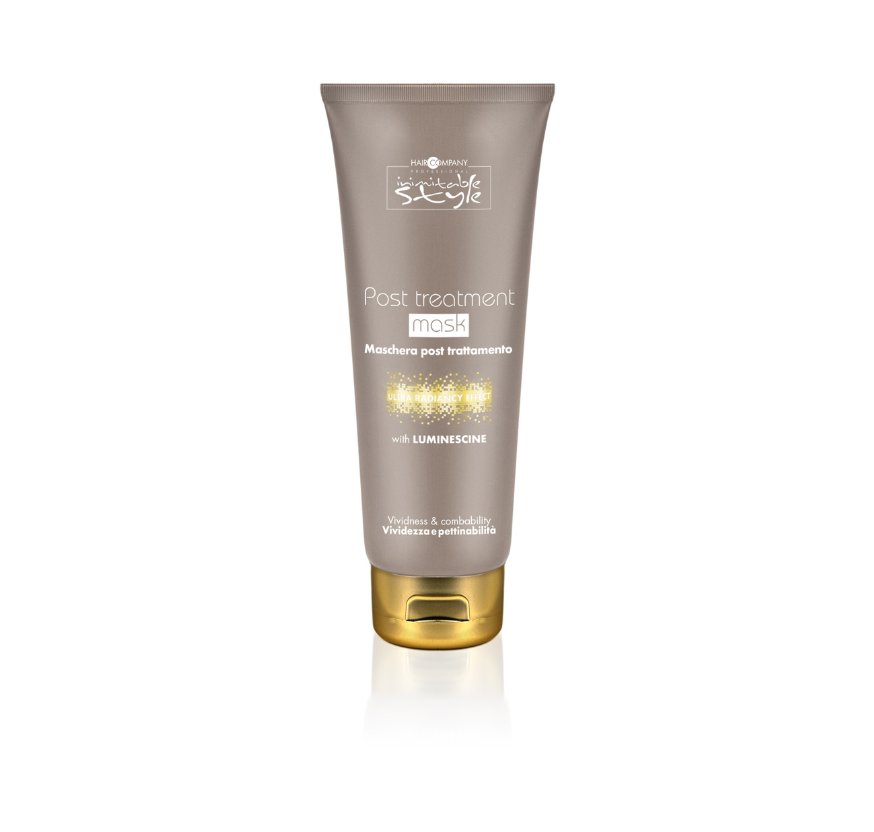 Hair Company UK Product: 1 provides a luxurious skincare experience in a beige 50ml tube of Post Treatment Mask, highlighted with the "Luminescine" feature for skincare enthusiasts. It is elegantly designed with a gold cap and reflective gold accents, adding sophistication to your beauty routine.