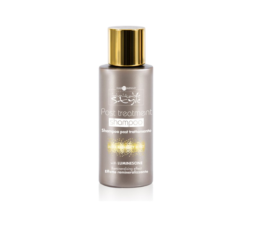 Hair Company UK A 50ml bottle of Post Treatment Shampoo by Hair Company's "10" comes in a metallic gray container with a gold cap, featuring text that highlights "with Luminescine" and "Effetto remineralizzante." It pairs perfectly with the Post Treatment Mask for an enhanced haircare and skincare routine.