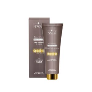 Hair Company UK A tube of NOURISHING CREAMY OIL, presented in its matching box, showcases brown packaging with elegant gold embellishments and text in English and Italian. The formula includes luminisens, cotton oil, and vitamin E.