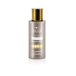 Hair Company UK The product "5" is a small, grey 50ml bottle of shampoo with a gold cap. Its label emphasizes "Shampoo volume" and includes the feature "with Luminescine," making it ideal for fine hair and perfect for use with a post-treatment mask.