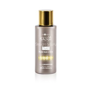 Hair Company UK Product 9 comes in a gray 50ml bottle with a gold cap and features Italian text. This hair fluid is perfect for both straight and curly hair, utilizing "Luminescine" to provide a memory effect, making it an ideal post-treatment mask.