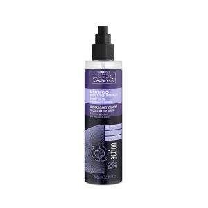 Hair Company UK A 200ml bottle of the BIPHASIC ANTI-YELLOW RECONSTRUCTION SPRAY by Bifendre, featuring a black pump dispenser and a striking purple label. This dual-phase formula is designed to neutralize unwanted yellow tones in hair, enriching and revitalizing it for naturally luminous results.