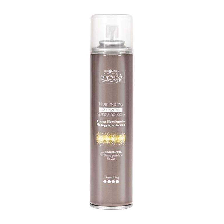 Hair Company UK A tall, metallic silver can of "Hair-Company-Inimitable-Style Illuminating Spray No Gas EXTREME" with a clear plastic cap, containing 100ml of product. The label showcases decorative gold text and accents, highlighting extreme hold and a luminous finish.