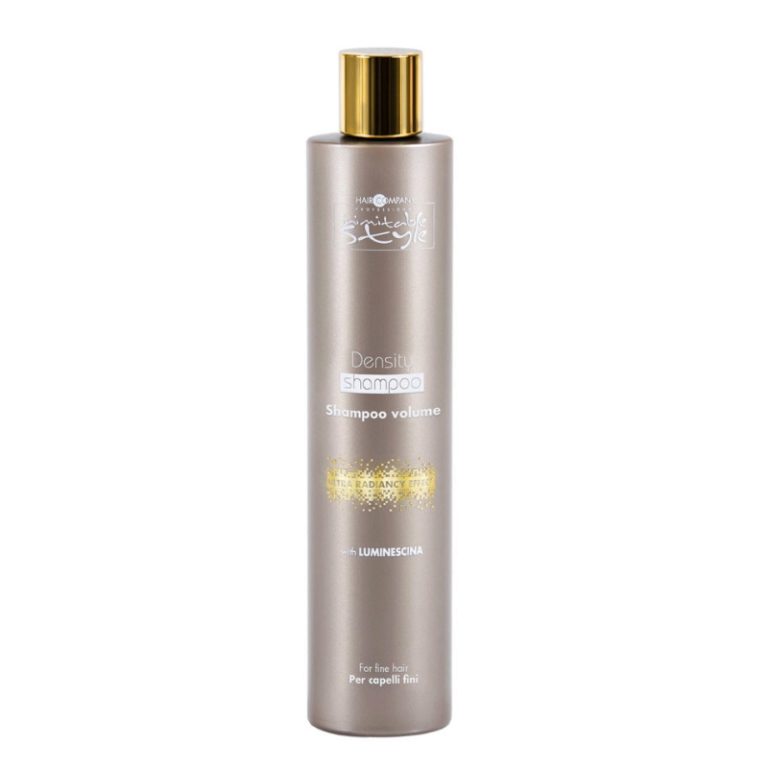 Hair Company UK A 250ml bottle of Density Shampoo with a gold cap stands out with its light metallic, minimalist design. The tall, cylindrical grey bottle is enhanced by subtle gold accents, emphasizing its volumizing benefits for fine hair. The label reads "DENSITY SHAMPOO" and notes the inclusion of Luminscina to ensure optimal care for delicate strands.