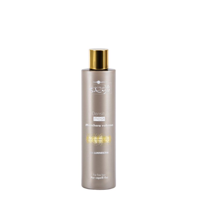 Hair Company UK A tall, cylindrical 200ml bottle of "Density Mask" by Fanola with a metallic beige design and a gold cap. The white and gold text includes "Maschera Volume" and notes that it is for fine hair, featuring Luminescina in both English and Italian on the label.