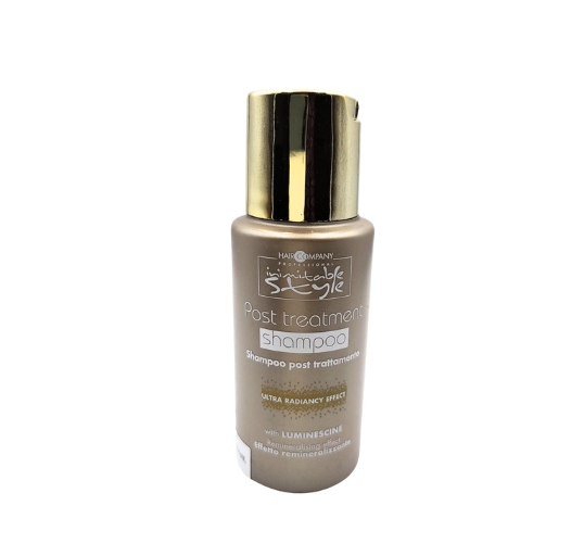 Hair Company UK A 50ml brown bottle with a gold cap, labeled "Post Treatment Shampoo," showcases its "LUMINESCINE" ingredient and an "Ultra Radiancy Effect." This product is ideal for enhancing your beauty routine, especially when paired with the "Post Treatment Mask" for optimal results.