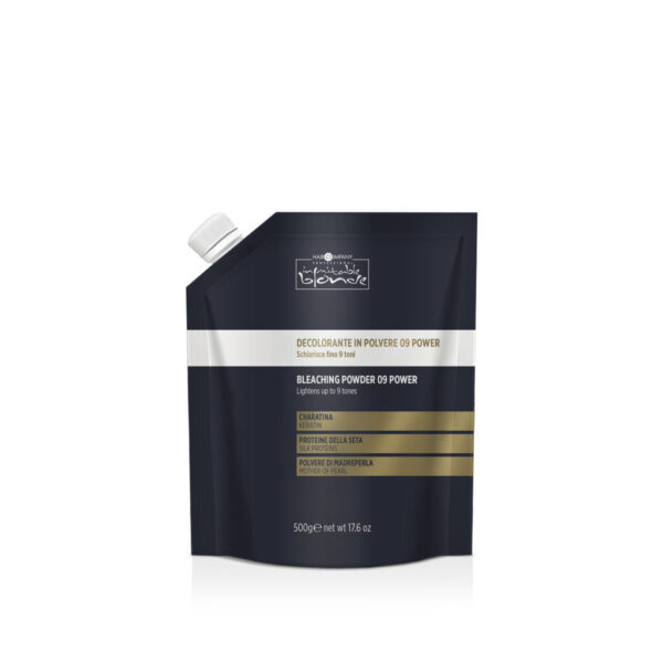 Hair Company UK A dark navy blue and black pouch with a white cap holds bleaching cream powder. The packaging, adorned with text in English, Italian, and French, features a screw cap on the upper left corner.