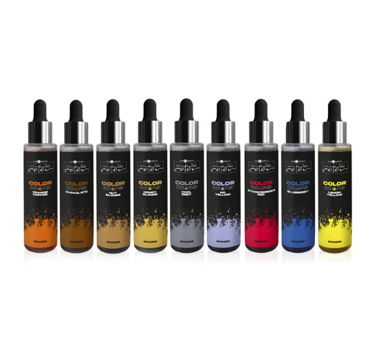 Hair Company UK A row of eight Celeb Luxury drops bottles displays a vibrant array of colors—orange, brown, green, yellow, blue, red, purple, and black. Each bottle includes a precision dropper and features a black label adorned with colorful splashes.