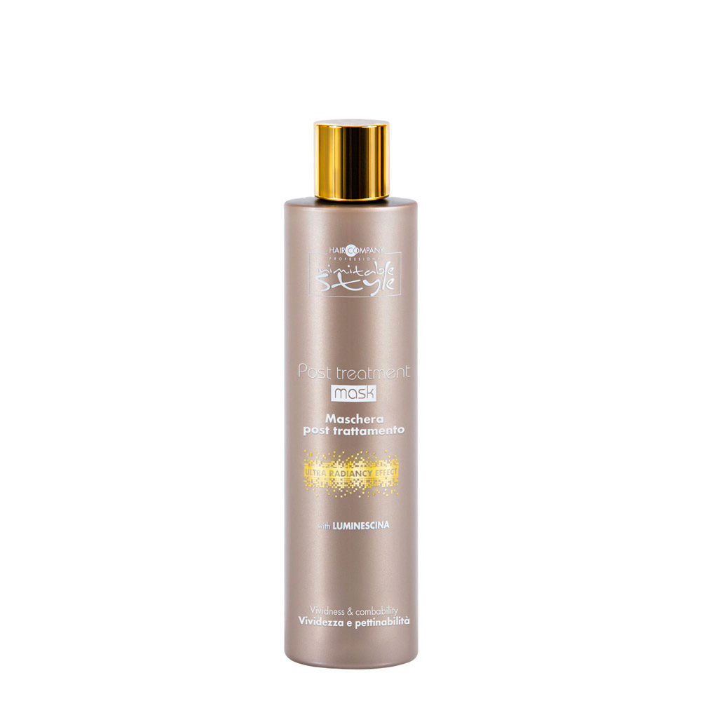 Hair Company UK The metallic beige cylindrical bottle of Hair Company Professional's 200ml "Post Treatment Mask" features a gold cap, with "Maschera post trattamento" elegantly inscribed beneath the name. Infused with highlighting ingredients like Luminescina, this luxurious hair mask promises to enhance vivacity and combability for your hair.