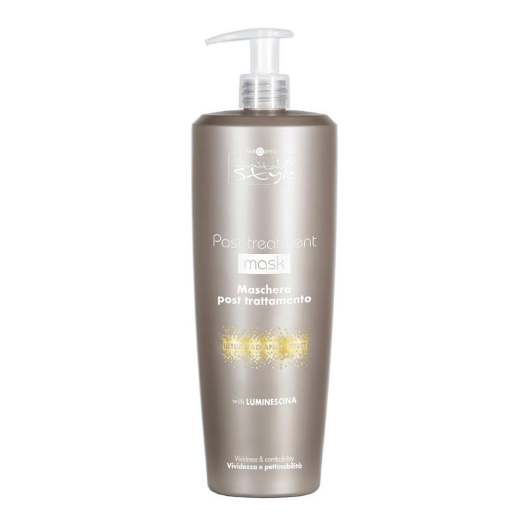 Hair Company UK A 1000ml light brown bottle with a clear pump dispenser is labeled "Post Treatment Mask 1000ml" by Philip Martin's Italian Style. The text includes "Maschera post trattamento" and emphasizes the presence of "LUMINESCINA," accompanied by subtle decorative designs above the label.