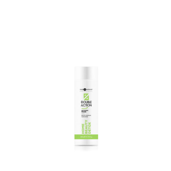 Hair Company UK A white cylindrical bottle of the 200ml Detoxing Mask, featuring a green stripe at the bottom and black text for the product name, is designed for hair care and detoxification. This Hair Company Professional product includes a white cap and delivers a refreshing boost to your beauty routine.