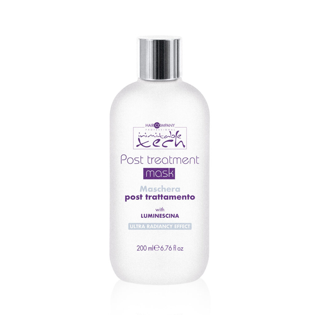 Hair Company UK A white bottle of "Post Treatment Mask 200ml" by Hair Company offers a 200ml capacity. The label in purple text showcases the "With Luminescina" formula, ensuring an "Ultra Radiancy Effect.