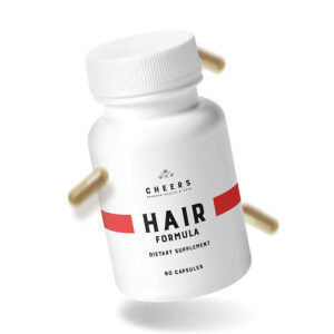 Hair Company UK A white bottle labeled "Hair Formula - Advanced Hair Strengthening and Growth Supplement" is seen floating at an angle, surrounded by three partially visible capsules. The minimalist design of the label, featuring a red horizontal stripe and simple black text, emphasizes its promise to promote hair growth and strengthening.