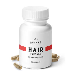 Hair Company UK A white bottle labeled "Hair Formula - Advanced Hair Strengthening and Growth Supplement, Dietary Supplement, 60 Capsules" is displayed on a white background. Surrounding the bottle are several gold-colored capsules. The label features a red stripe and an elegant design, emphasizing its role in promoting hair growth and strengthening for healthier hair.