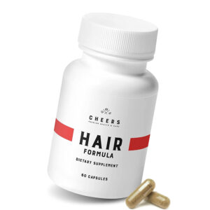 Hair Company UK A white bottle labeled "Hair Formula - Advanced Hair Strengthening and Growth Supplement" with a red stripe around the upper portion contains a dietary supplement for hair growth with 60 capsules. Placed beside the bottle are two capsules.