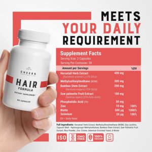 Hair Company UK A hand holds a bottle of "Hair Formula - Advanced Hair Strengthening and Growth Supplement," emphasizing its promise of strengthening and growing hair. Adjacent to the bottle, the text states "MEETS YOUR DAILY REQUIREMENT," with the supplement facts detailing ingredients and serving sizes. Icons denote that the product is ISO-certified, GMO-free, vegan, and cruelty-free. The background features a white design with red accents.