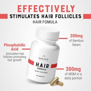 Hair Company UK Image of a white bottle labeled "Hair Formula - Advanced Hair Strengthening and Growth Supplement" with red accents, featuring the text "DIETARY SUPPLEMENT 60 CAPSULES." The surrounding text emphasizes ingredients such as "Phosphatidic Acid stimulates hair follicles promoting hair growth," along with "200mg of Bamboo Steam," and "300mg of MSM for hair strengthening in a daily portion." Three capsules are placed next to the bottle on a light background with red and black typography.