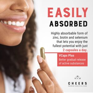 Hair Company UK A person smiling while holding a capsule near their face, with text promoting "Easily Absorbed" benefits for hair growth. This highlights the advanced hair strengthening and growth supplement, featuring highly absorbable zinc, biotin, and selenium. Advises taking 2 capsules a day to enjoy the fullest potential of this Hair Formula.