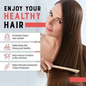 Hair Company UK A woman with long, straight brown hair combs it while smiling. The text highlights benefits of the Hair Formula - Advanced Hair Strengthening and Growth Supplement: promoting faster hair growth, keeping hair strong and healthy, improving skin and nail condition, and supporting connective tissue production. Bold text reads "Enjoy Your Healthy Hair.