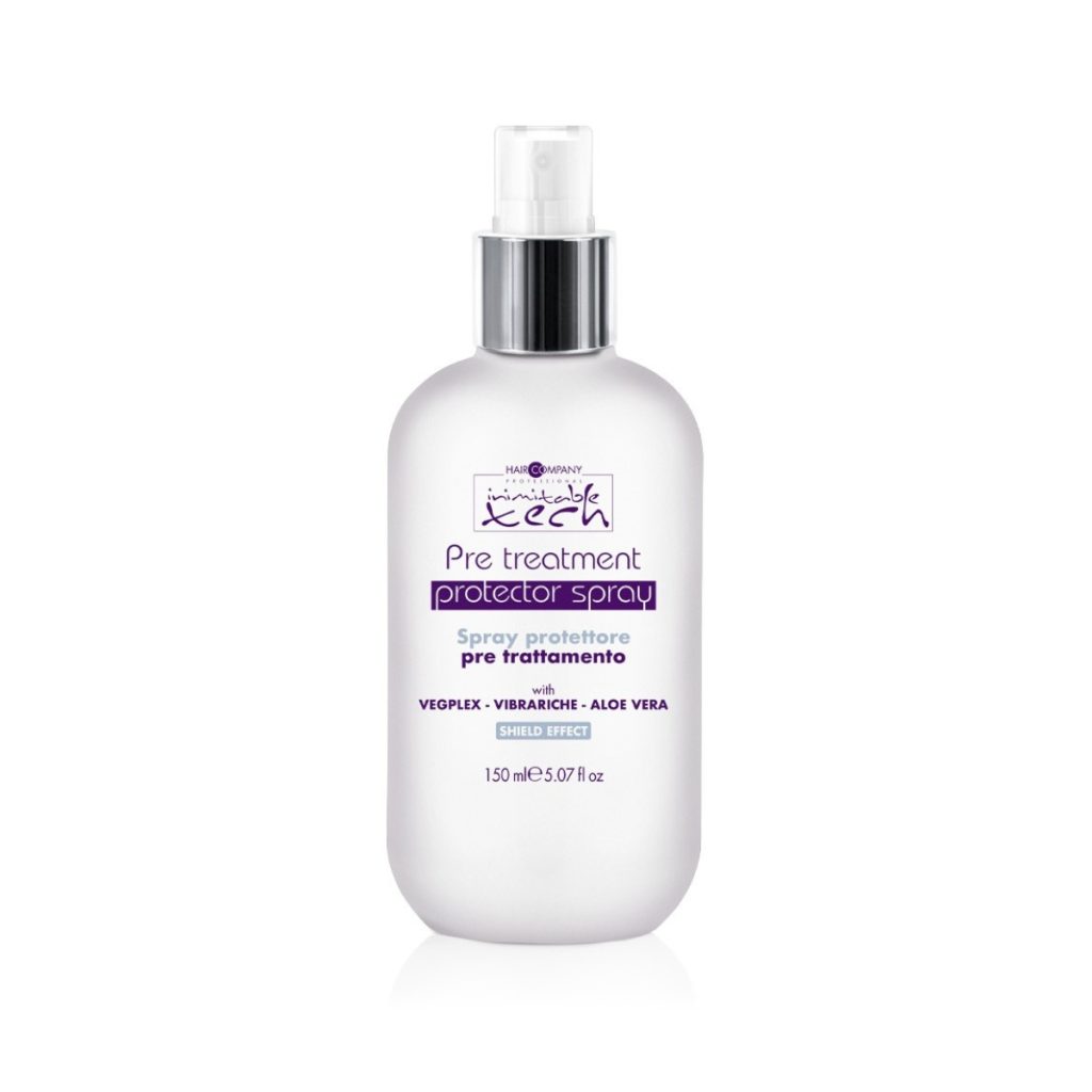 Hair Company UK A sleek silver bottle of Kech Hair Company's PRE TREATMENT PROTECTOR SPRAY, featuring a white pump cap and a 150ml capacity. Known for its protective shield, the spray incorporates Vegplex, Vibrariche, and Aloe Vera to ensure premium hair protection before treatment.