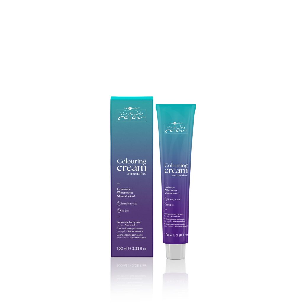 Hair Company UK An ammonia-free colouring cream in a blue and purple gradient tube is positioned beside its coordinating box. The packaging displays white text containing product details. The tube is marked as 100 ml (3.38 fl oz) against a simple white backdrop.