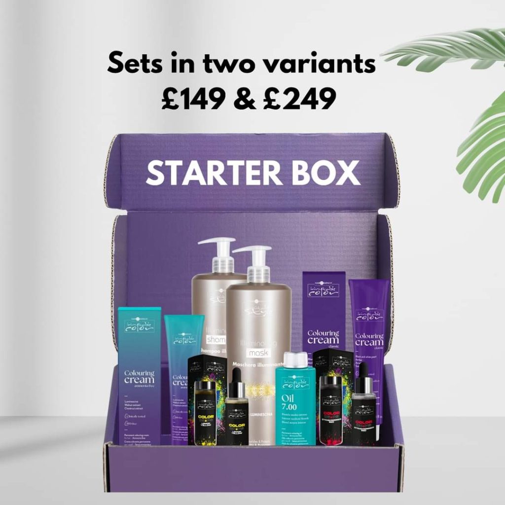 Hair Company UK The STARTER BOX, presented in a chic purple package, offers a curated selection of hair care essentials, including shampoo, a mask, coloring cream, and an oil treatment. Available at prices of £149 and £249, the box is elegantly displayed with a touch of nature from the plant in the background.