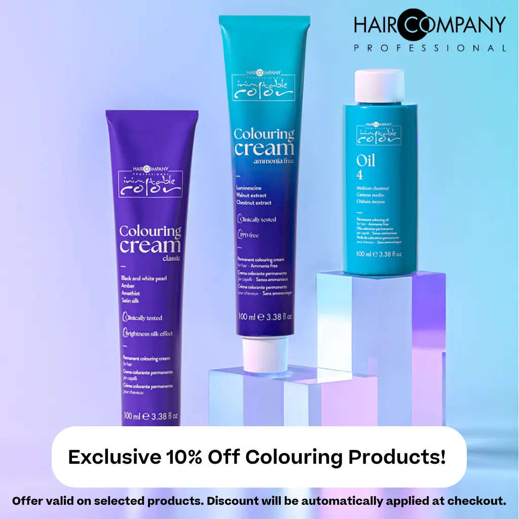 Hair Company UK Explore the promotional image showcasing three Hair Company Professional hair care treasures: the Colouring Cream housed in vivid purple and turquoise tubes, alongside Oil 4 presented in an elegant blue bottle. Take advantage of the special deal with 10% off!