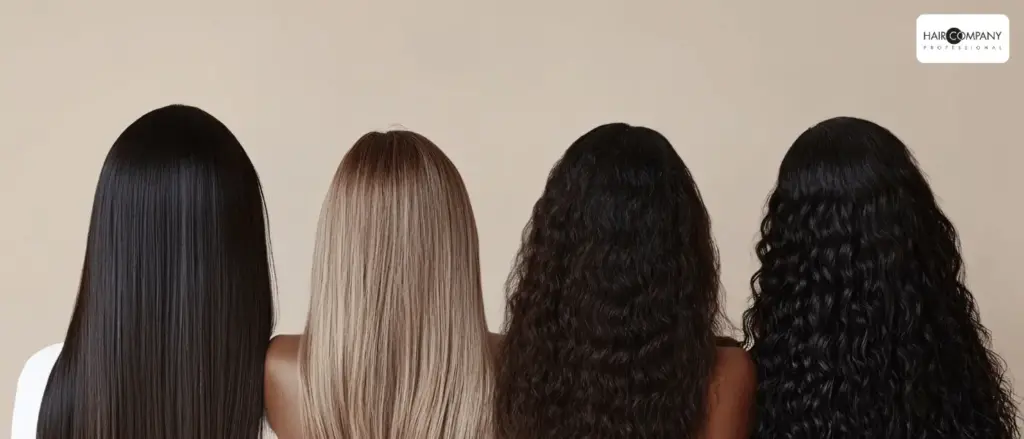 four women with straight black, straight blonde, wavy dark brown, and curly black hair stand against a beige background. showcasing diverse styles, they represent hair company uk distributor (1).opti. hair company uk