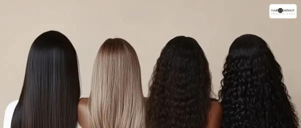 four women with straight black, straight blonde, wavy dark brown, and curly black hair stand against a beige background. showcasing diverse styles, they represent hair company uk distributor (1).opti. hair company uk