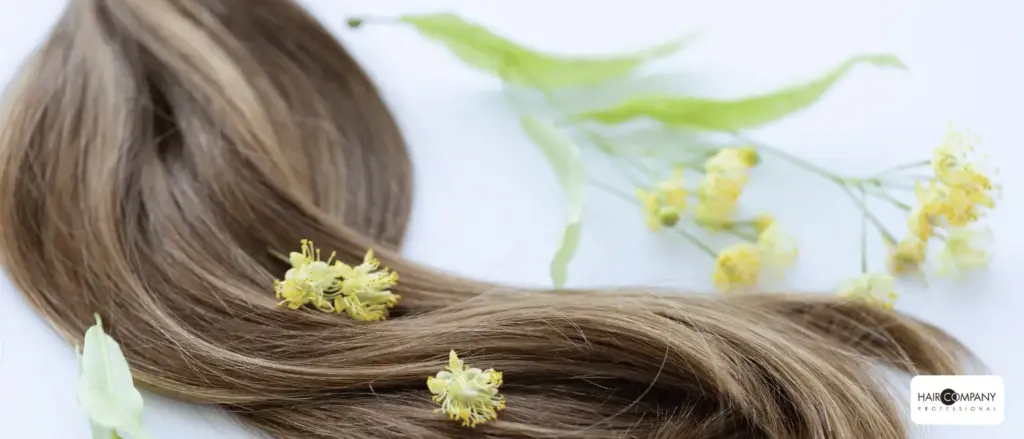 a lock of smooth, light brown hair from hair company uk distributor (5).opti is arranged on a white surface, accented with small yellow flowers and green leaves scattered beside and on the hair. hair company uk