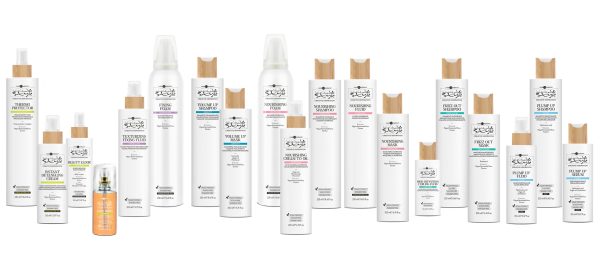 Variety of haircare products with bamboo lids.