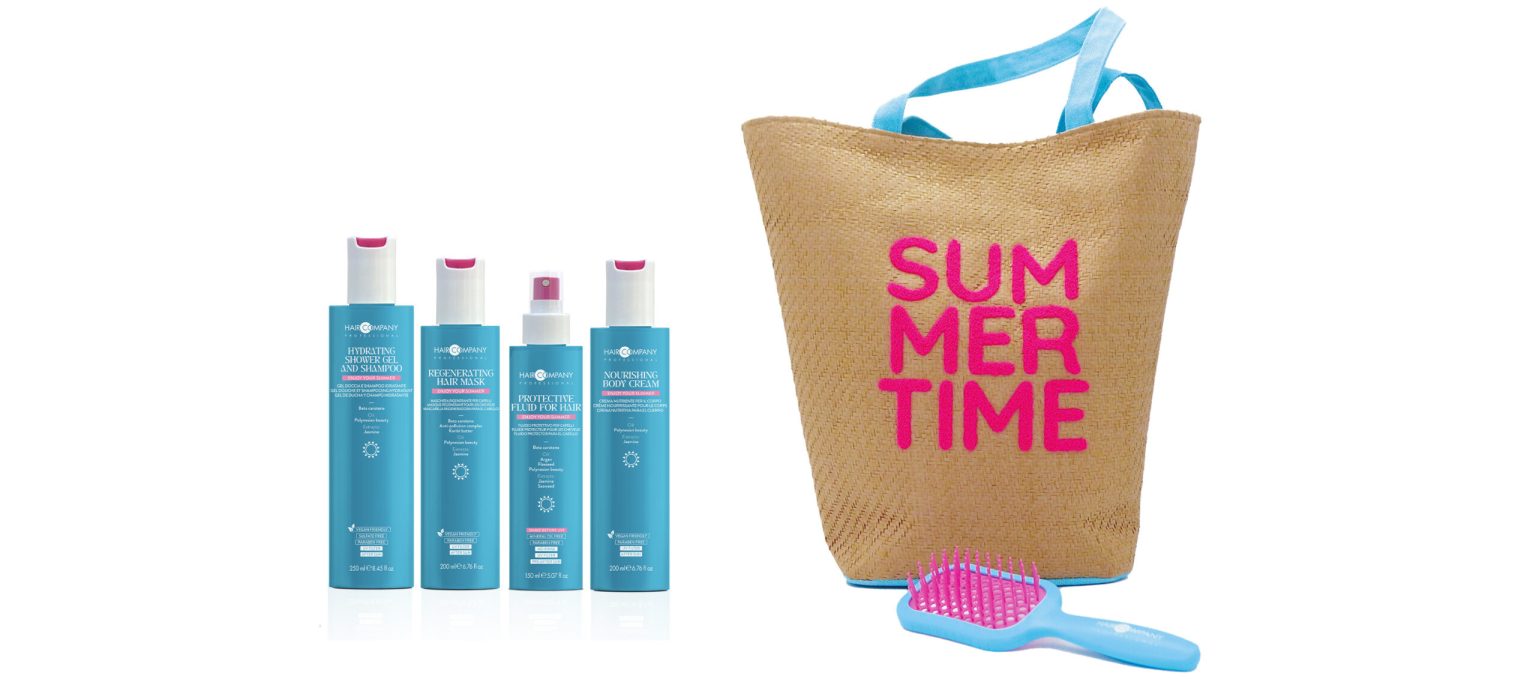 Summer care products with a beach bag.