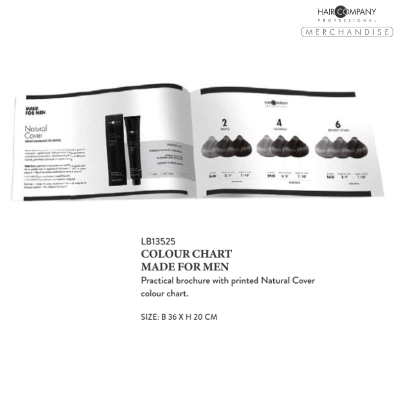 Open brochure labeled "COLOUR CHART MADE FOR MEN" displays hair colour samples, product images, and the Professional Bowl. Features a practical B 36 x H 20 cm size with a printed natural cover colour chart.