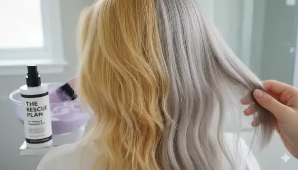 a person with long wavy hair, half yellow blonde and half silver gray, demonstrates how to fix yellow damaged hair. the silver side is held while "generated image december 15, 2025 5 07pm" appears in the background with a bowl and brush. hair company uk
